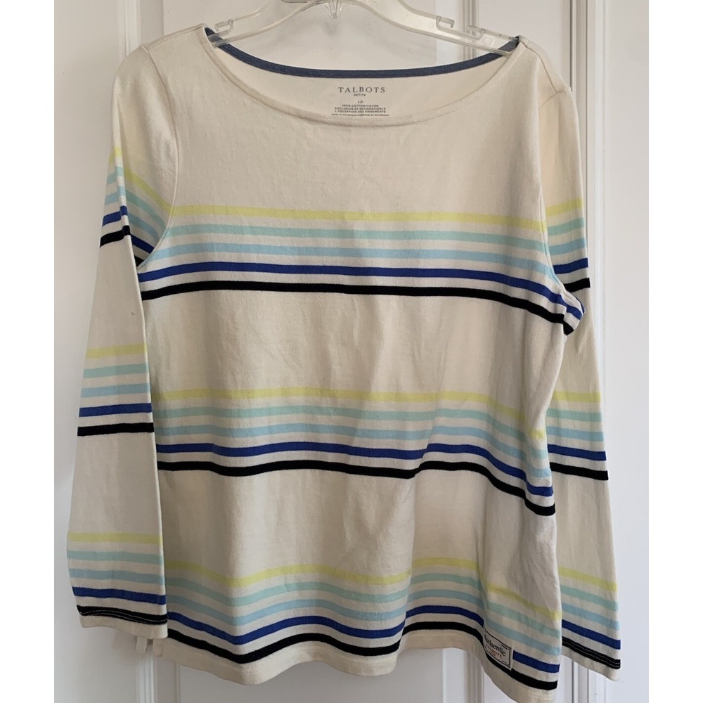 Talbots Women's Petite Sz L Cream Multicolored Stripe Boat Neck Cotton Knit Top